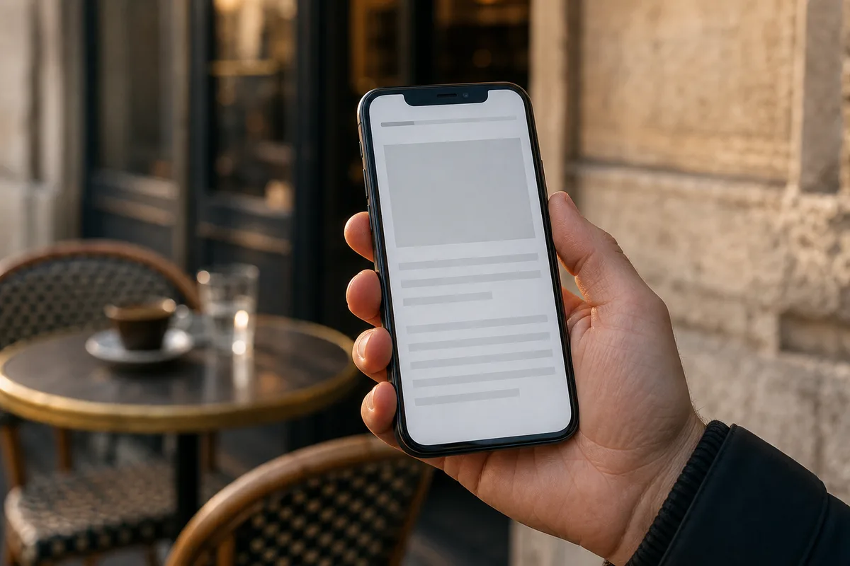 Écran de smartphone affichant une page web en cours de chargement, tenu à hauteur de poitrine