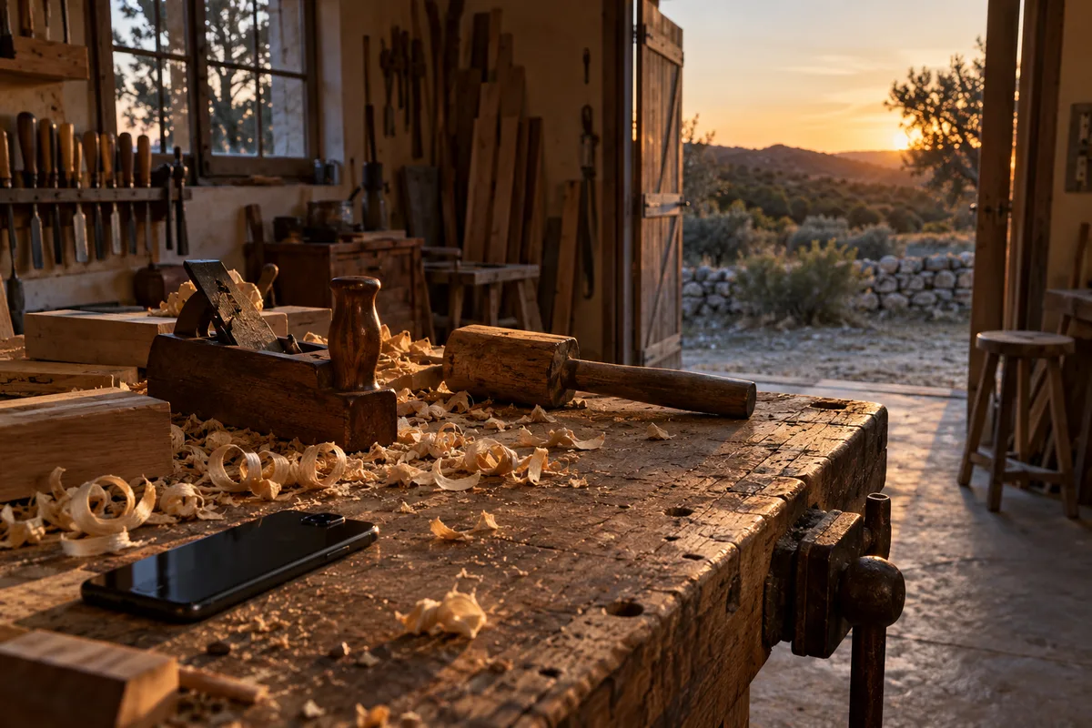 Établi d’atelier au crépuscule, téléphone posé face contre le bois