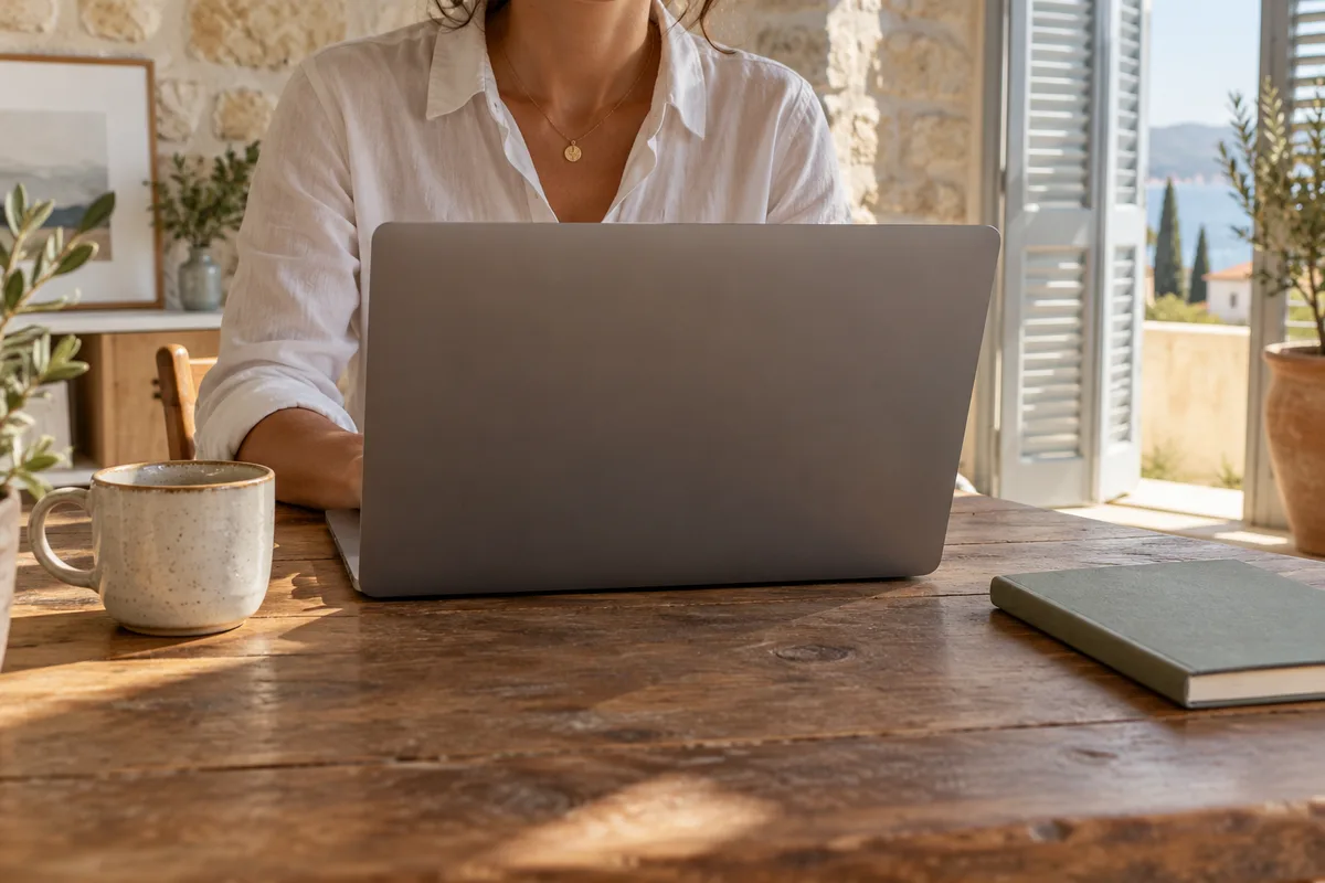 Mains sur le clavier d’un ordinateur portable, bureau aux murs de pierre claire