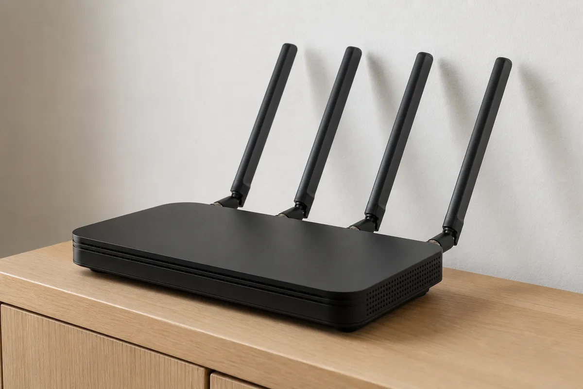 Routeur Wi-Fi domestique dégagé sur une étagère murale, antennes déployées, intérieur français