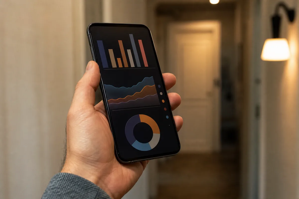 Écran de smartphone affichant une application d’analyse des réseaux Wi-Fi dans un appartement