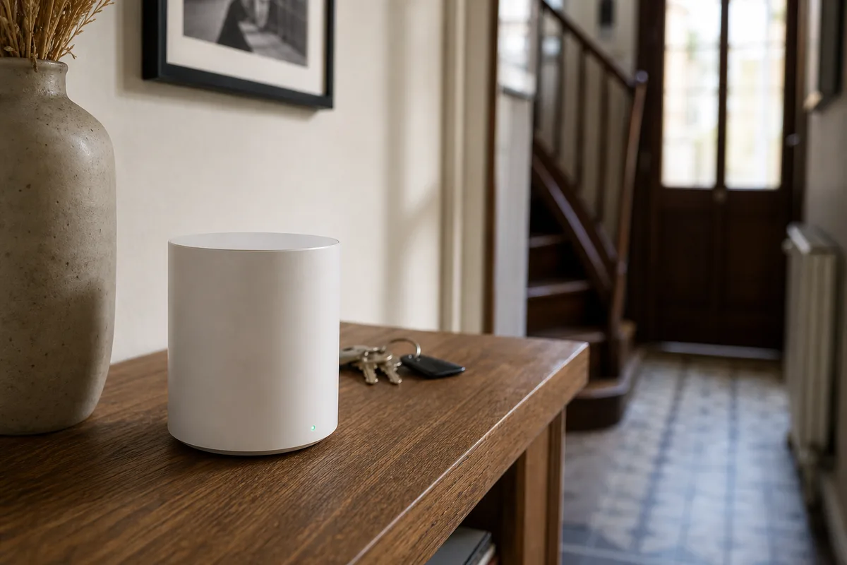 Boîtier de système Wi-Fi maillé posé sur une console dans un couloir d’appartement