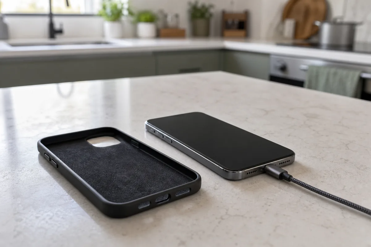 Smartphone posé sur un plan de travail clair pendant sa charge, câble branché, coque retirée à côté