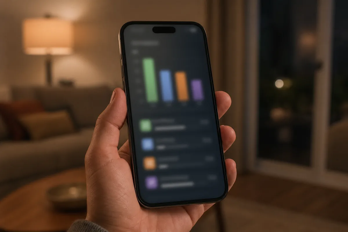 Écran de réglages de batterie affiché sur un téléphone tenu en main, courbe de consommation visible