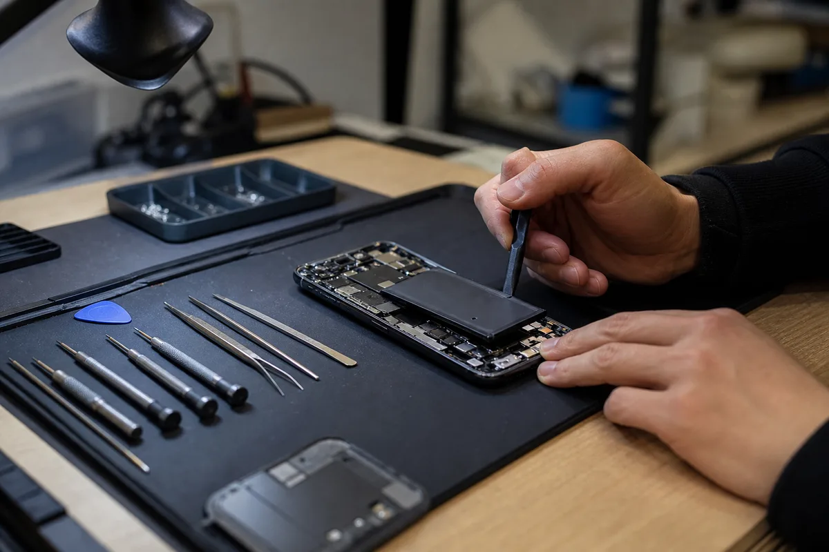 Technicien remplaçant la batterie d&rsquo;un téléphone démonté sur un établi d&rsquo;atelier, outils de précision posés à côté