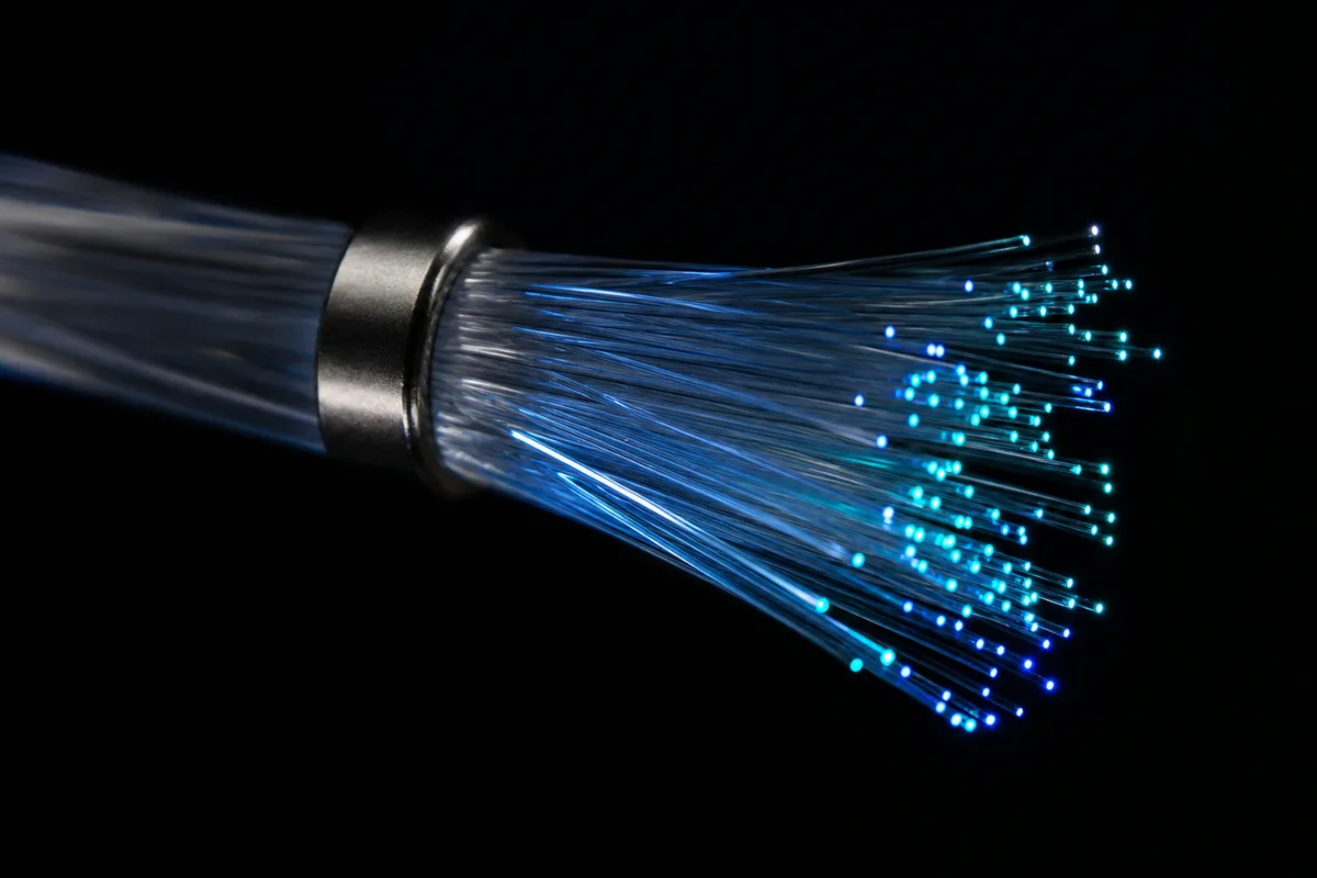 Brins de fibre optique diffusant une lumière bleue sur fond noir