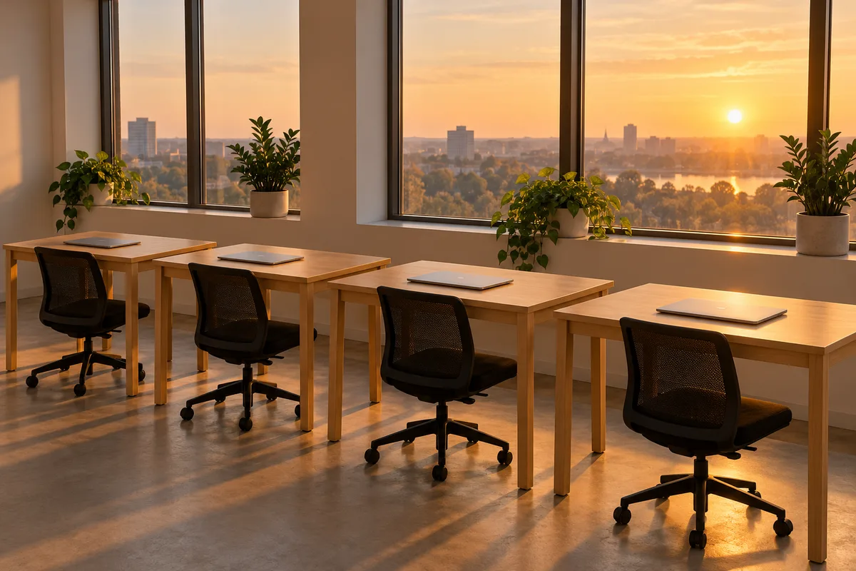 Bureau de PME vide au lever du jour, ordinateurs portables fermés avant la bascule