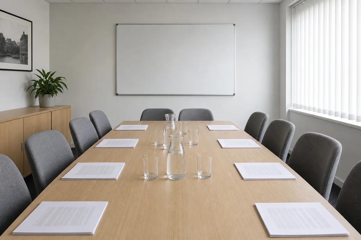 Salle de réunion vide avec chaises autour d’une table et documents posés devant chaque place