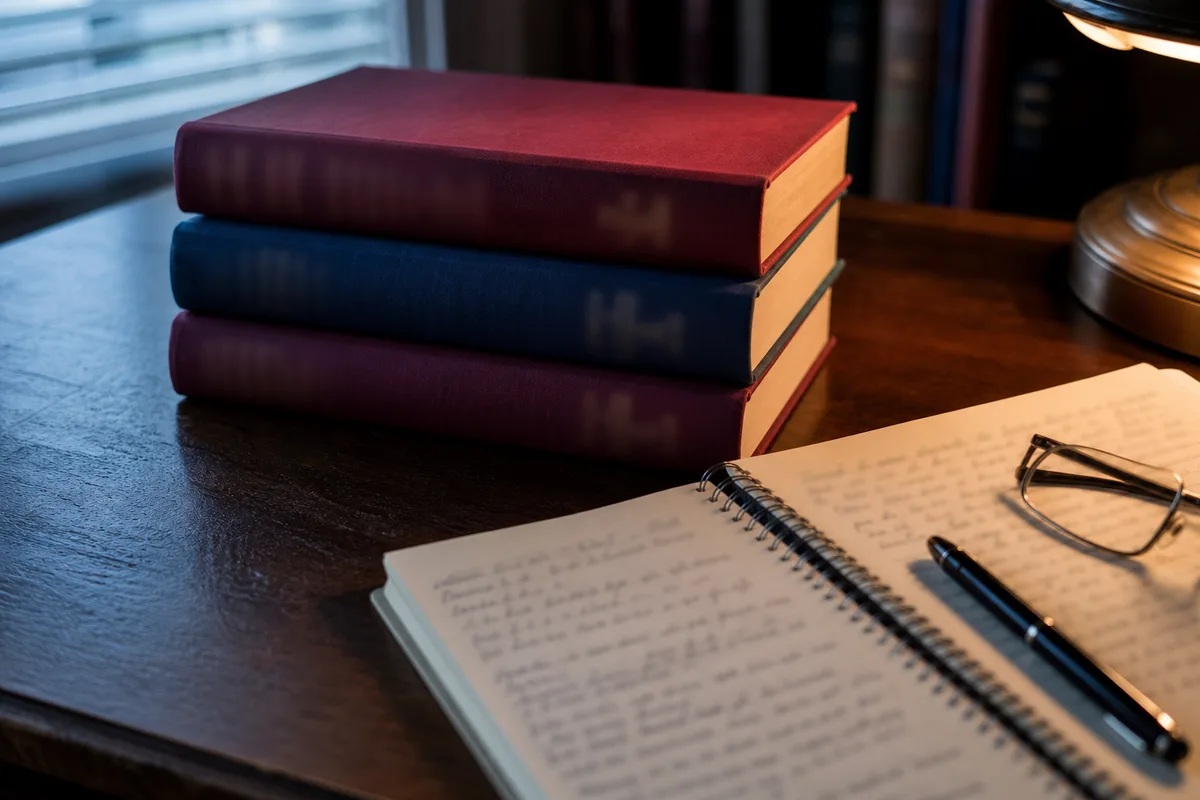 Recueils de textes juridiques reliés posés sur un bureau à côté d’un carnet et d’un stylo