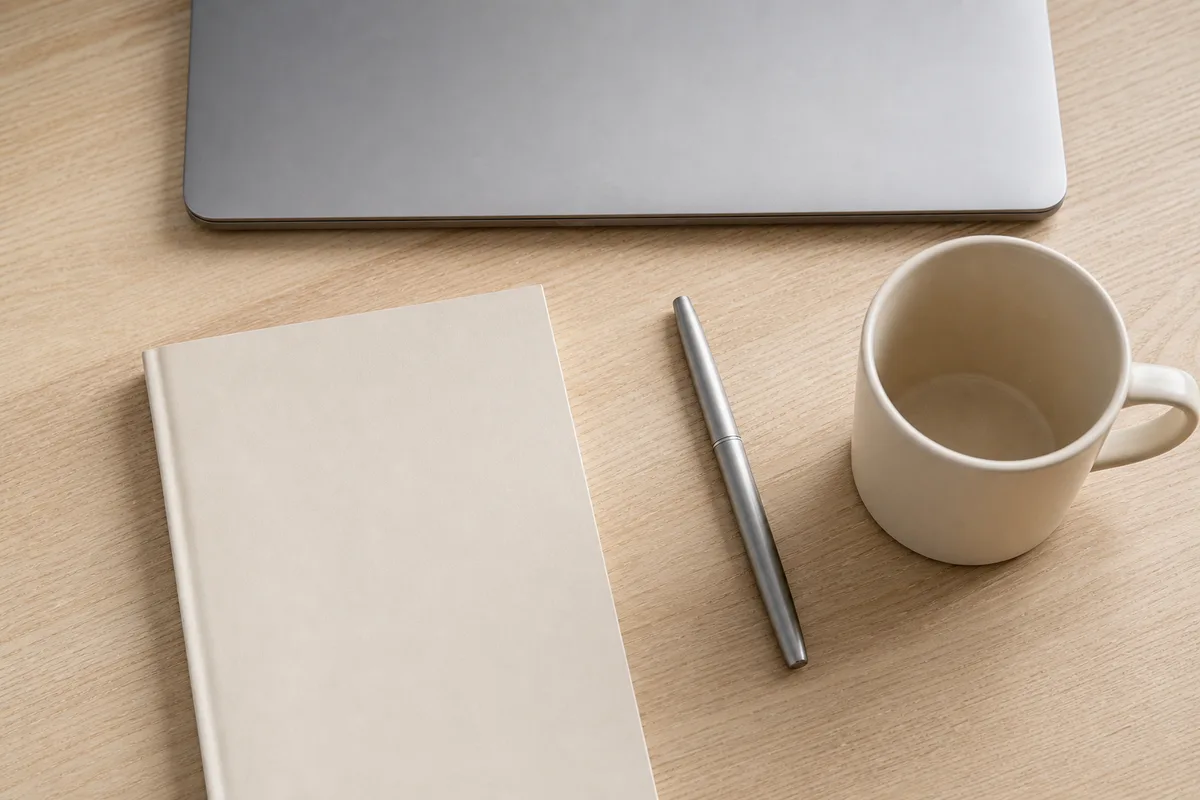 Ordinateur portable et téléphone professionnel posés côte à côte sur un plan de travail de bureau