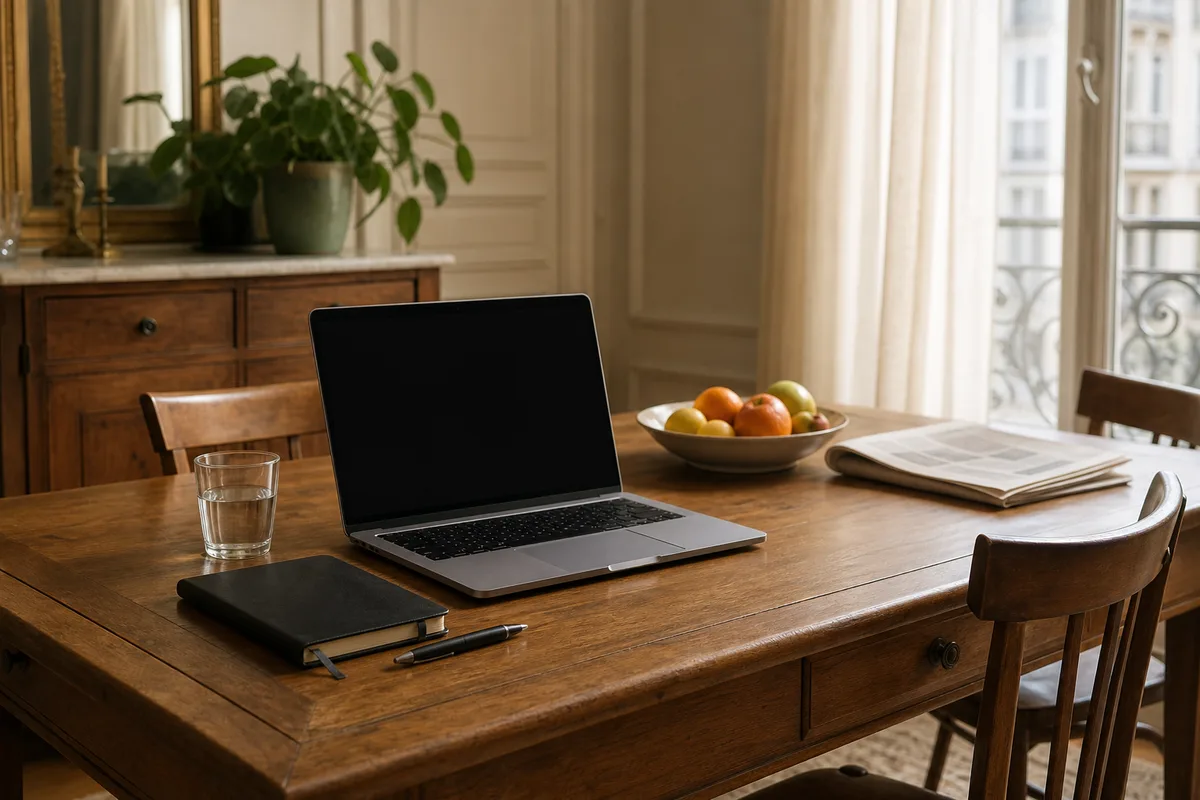 Poste de télétravail installé sur une table de salle à manger dans un logement français