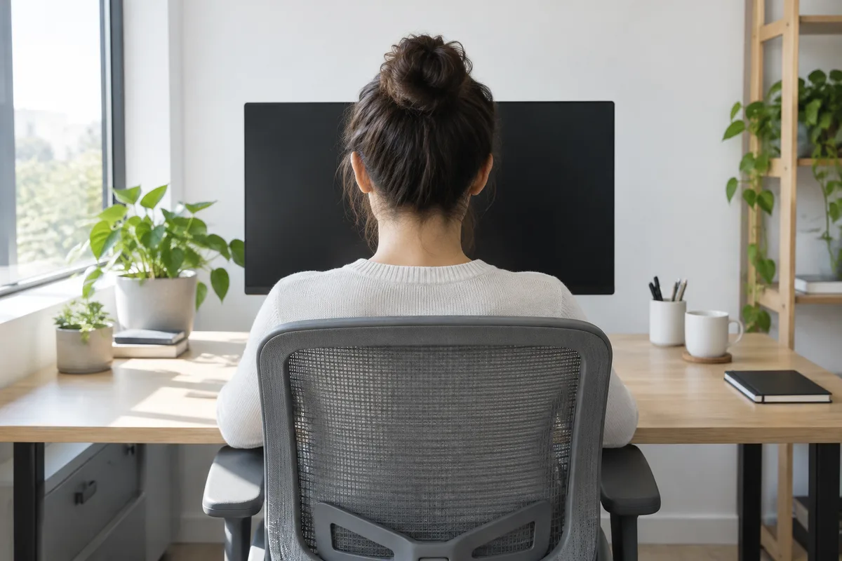 Personne vue de dos assise face à un écran éteint sur une chaise ergonomique