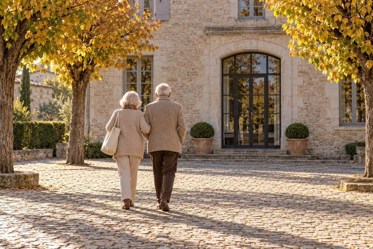 Couple de retraités vus de dos marchant vers un bâtiment en pierre claire un matin d&rsquo;automne