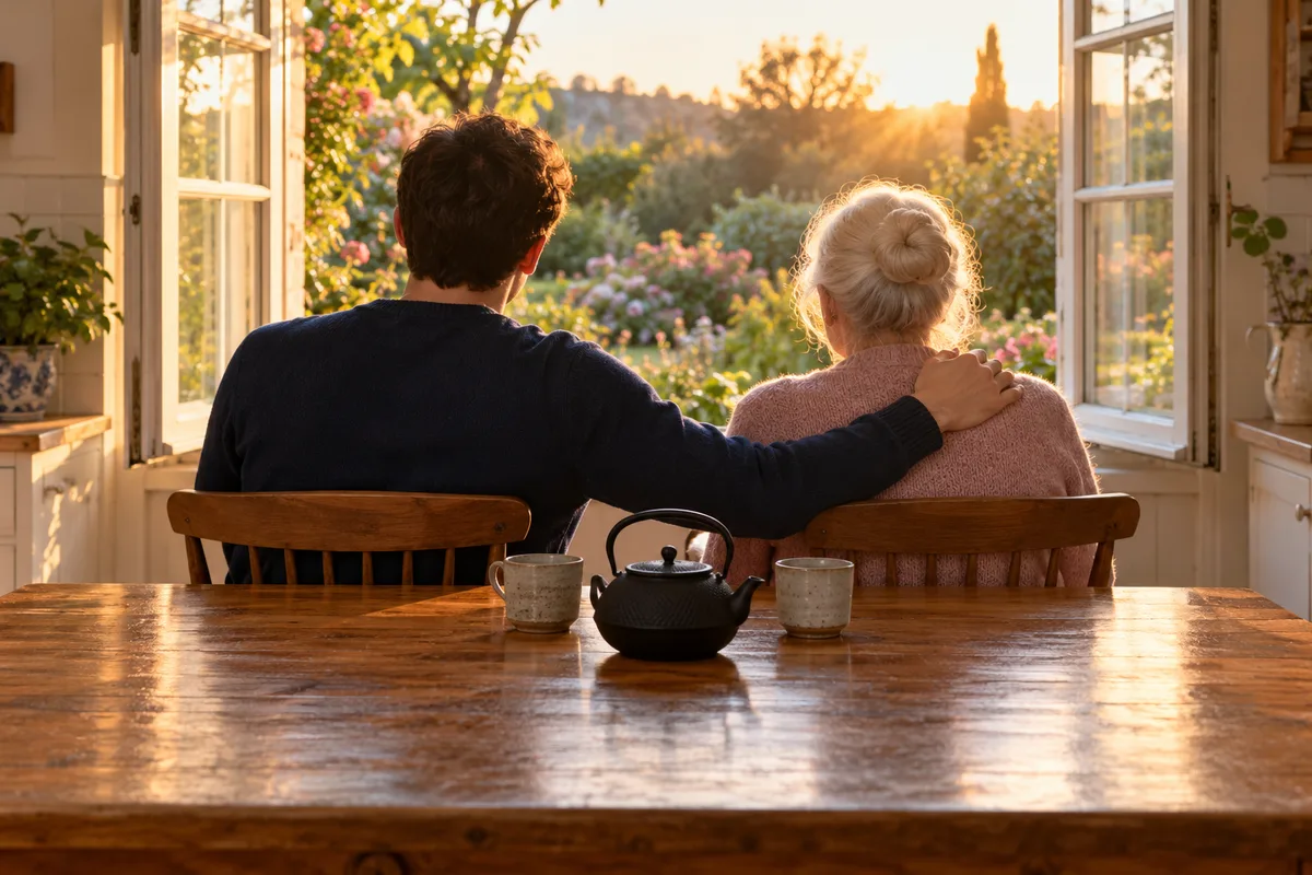 Petit-fils et grand-mère vus de dos assis côte à côte à une table de cuisine