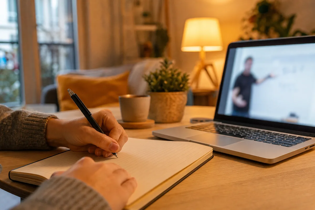 Personne suivant un cours en ligne sur un ordinateur portable, cahier de notes ouvert à côté