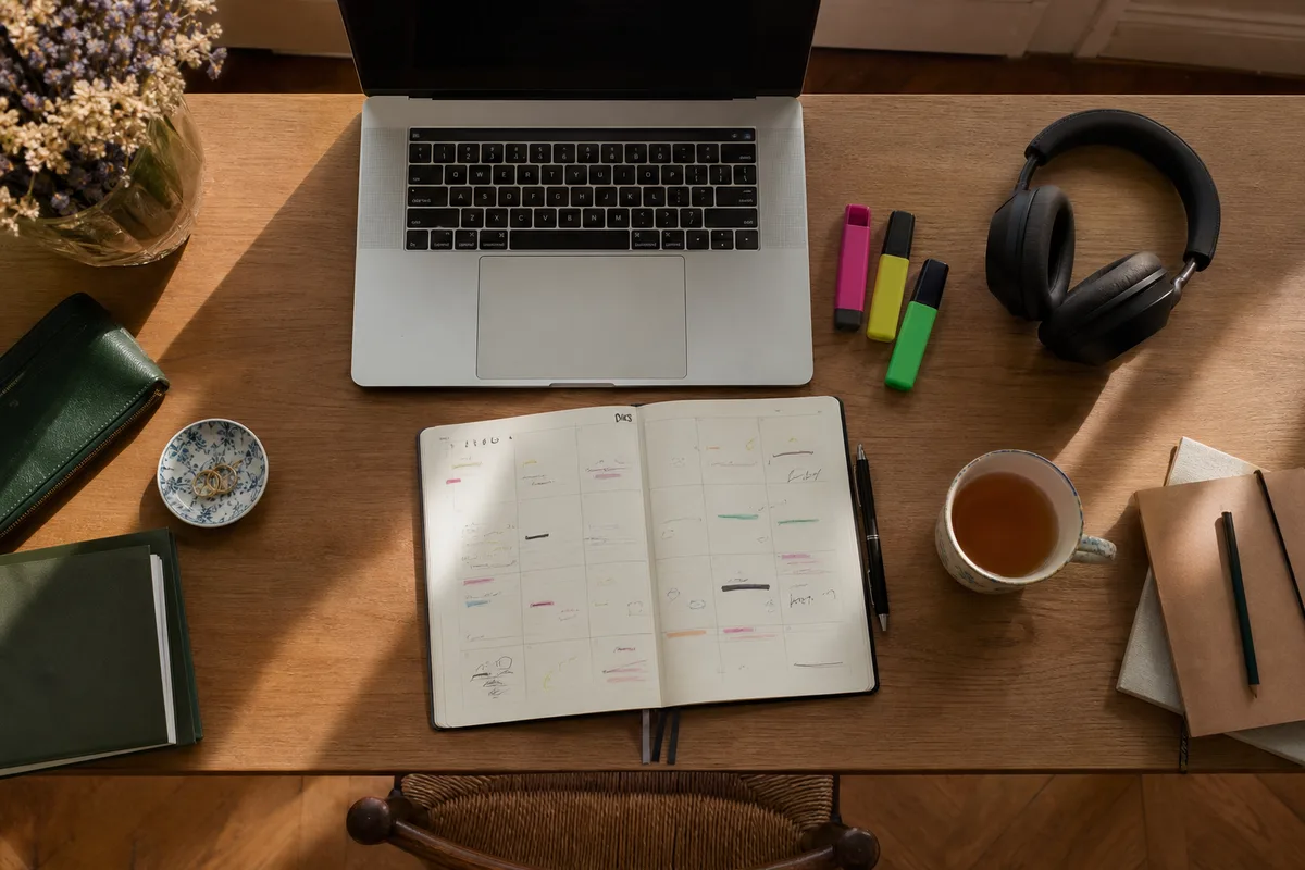 Bureau à domicile avec planning d&rsquo;apprentissage manuscrit et ordinateur portable ouvert