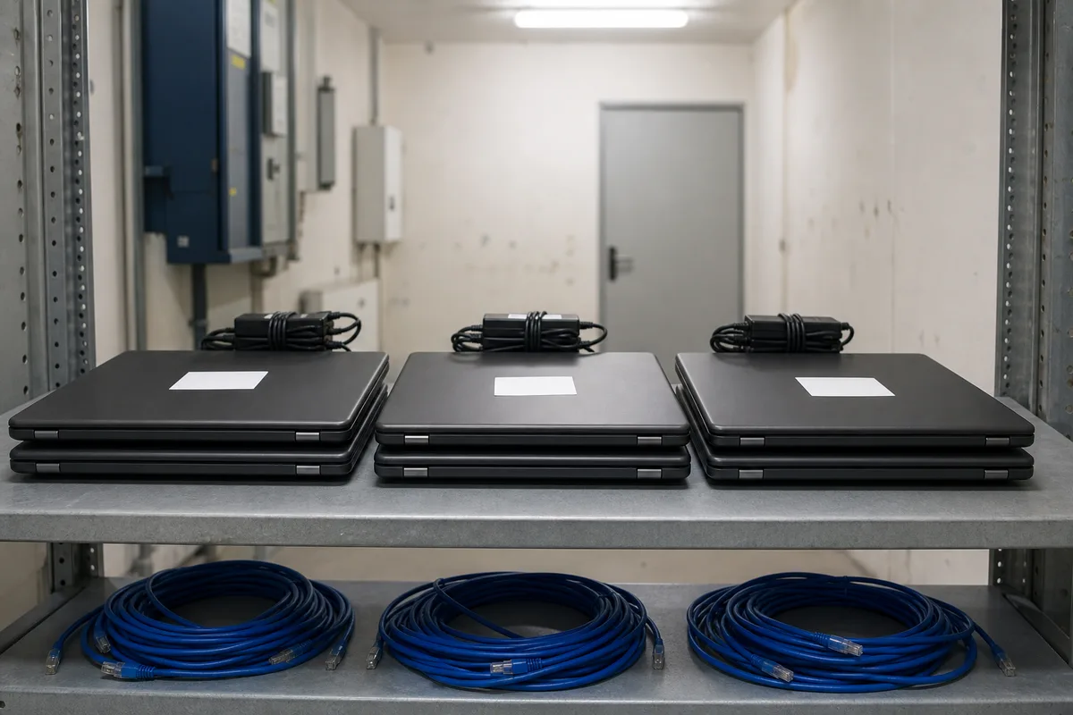 Ordinateurs portables professionnels rangés sur une étagère dans un local technique d’entreprise