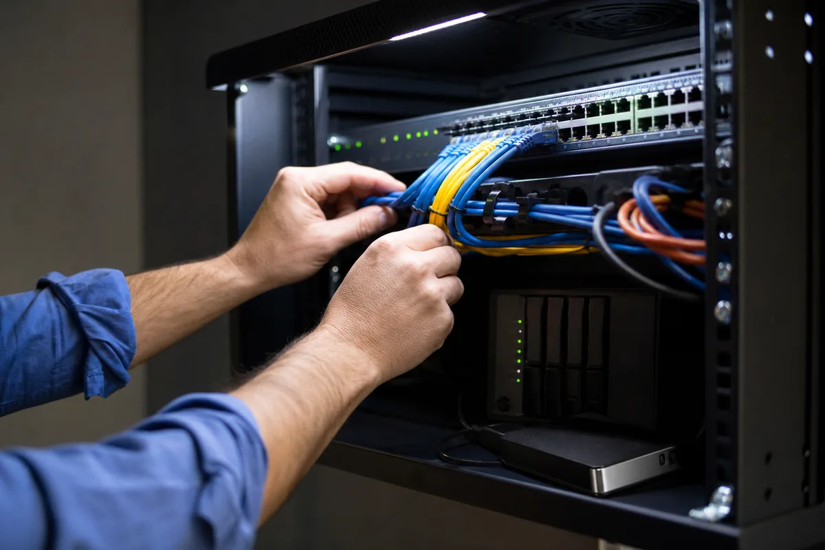 Technicien vérifiant des câbles et des disques dans une baie informatique de petite entreprise