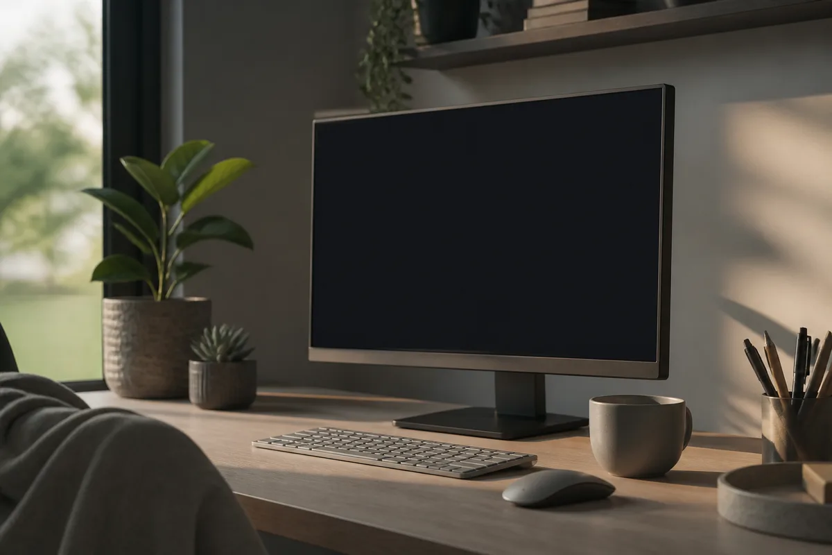 Écran de bureau éteint et clavier vus de trois quarts sur un plan de travail clair