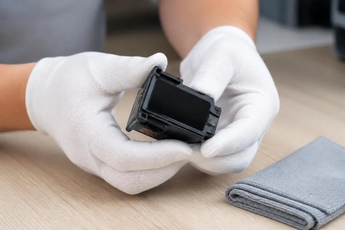 Mains gantées de blanc manipulant une cartouche d’encre au-dessus d’un plan de travail