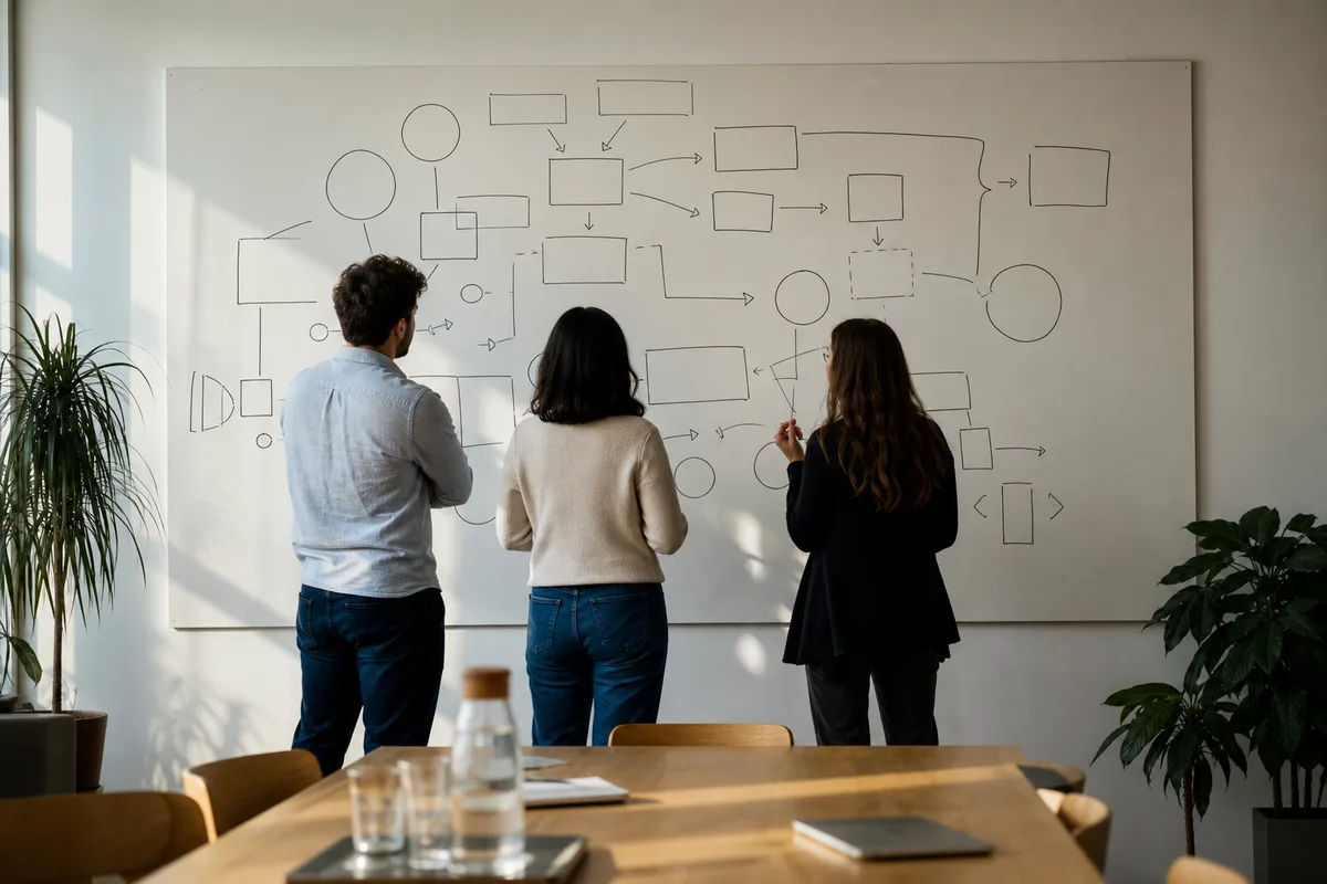 Réunion de travail dans une PME devant un tableau blanc couvert de schémas au feutre, lumière naturelle de fin de journée