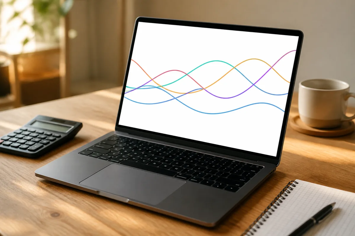 Bureau d&rsquo;artisan avec un ordinateur portable affichant des courbes de statistiques, carnet et calculatrice posés à côté