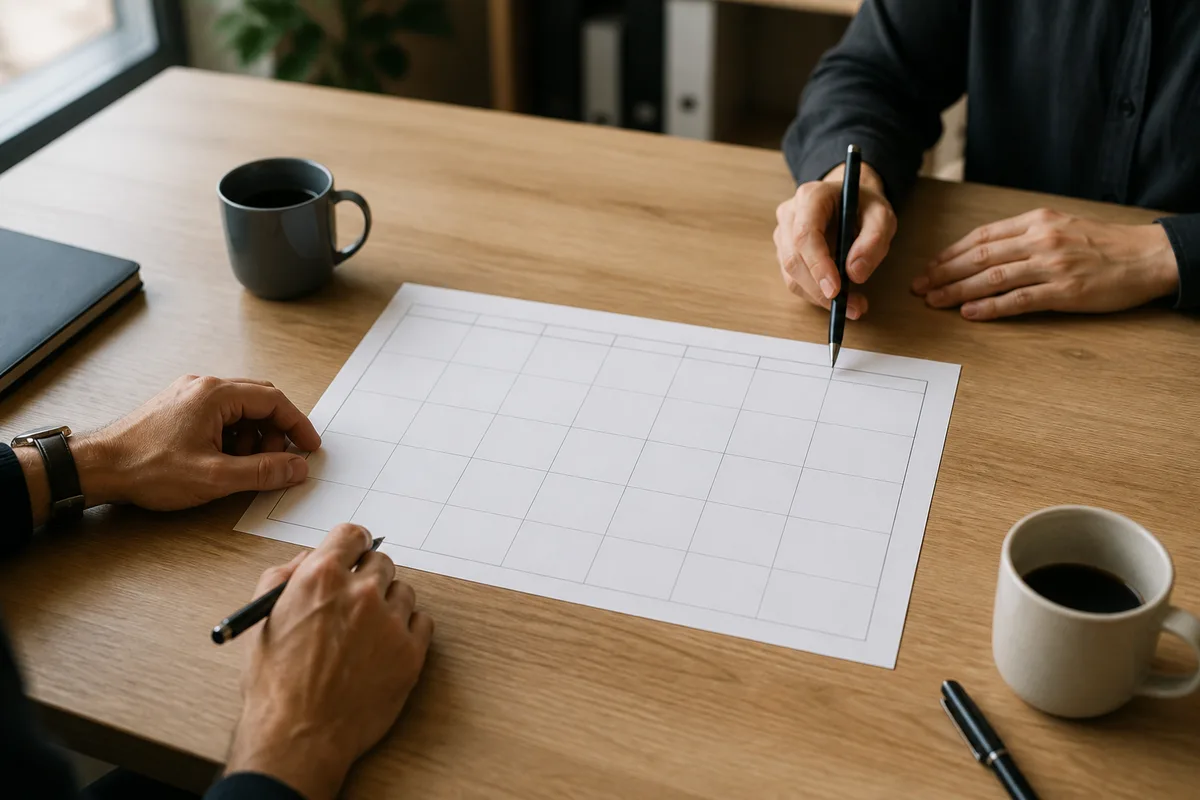 Deux paires de mains autour d&rsquo;une table de réunion, planning mensuel imprimé et stylos posés, ambiance de travail collaboratif