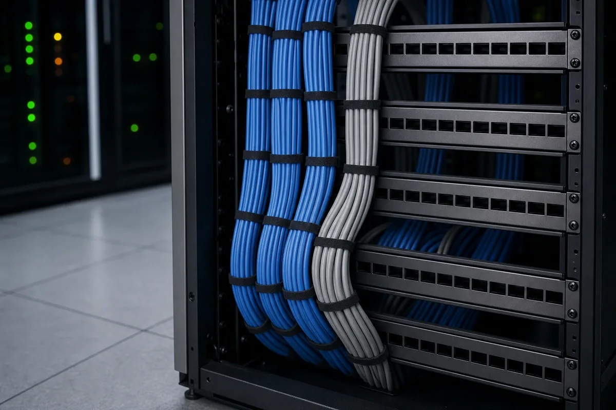 Baie informatique avec câbles réseau bleus et gris soigneusement peignés dans un local technique