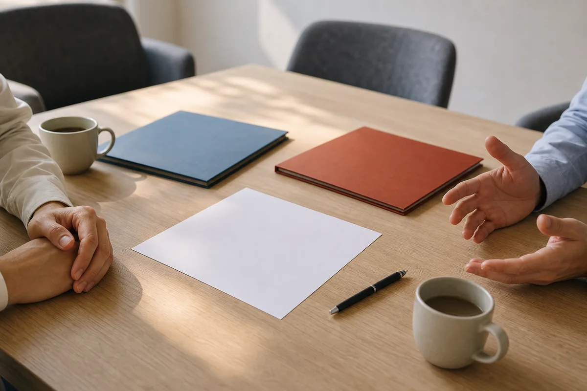 Mains posées sur une table de réunion à côté de chemises cartonnées et de deux tasses de café