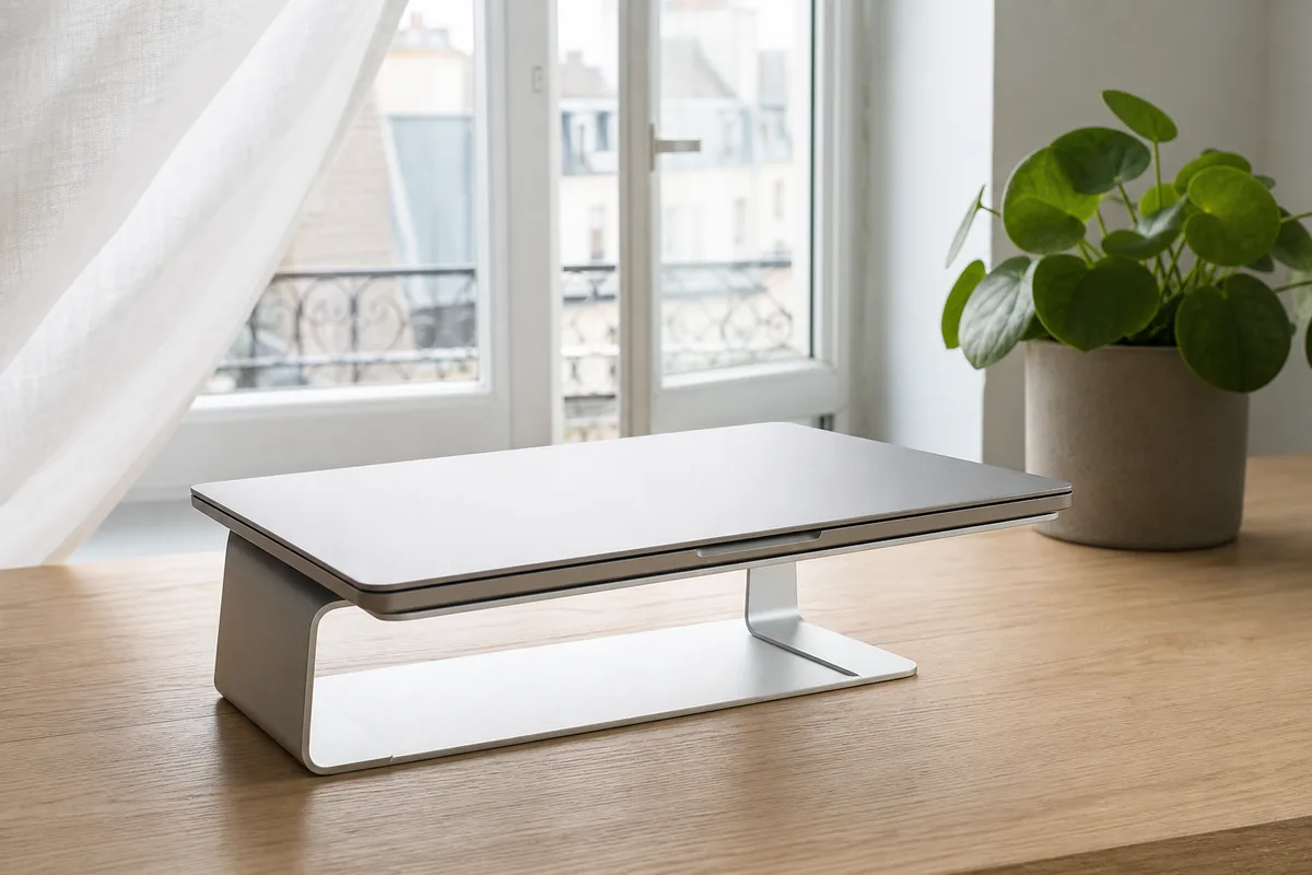 Ordinateur portable fermé surélevé sur un support incliné près d&rsquo;une fenêtre ouverte