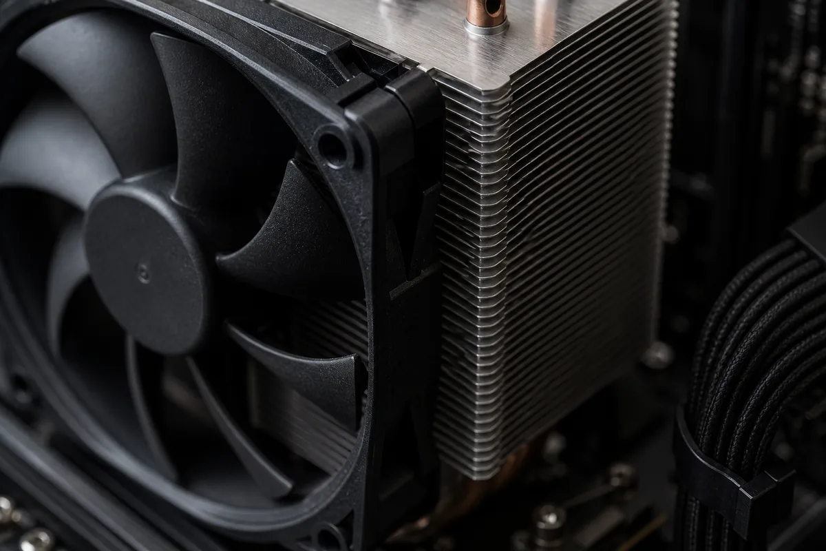 Détail macro d’un ventilateur et de composants d’une unité centrale ouverte, sans marquage
