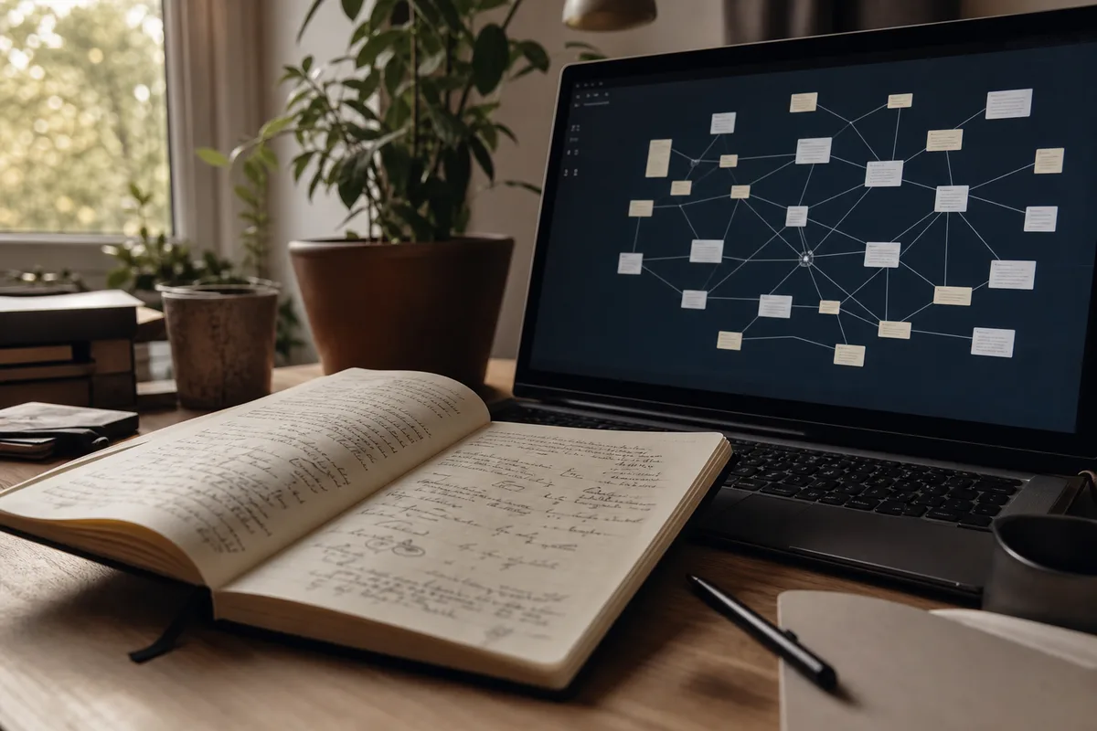 Carnet de notes ouvert à côté d&rsquo;un écran affichant un graphe de notes connectées