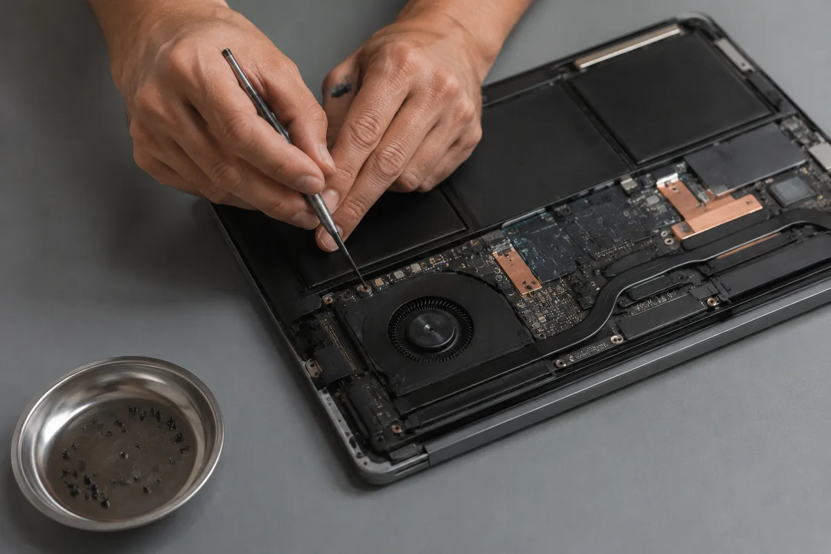 Établi d&rsquo;atelier avec tournevis de précision et ordinateur portable ouvert, capot inférieur retiré