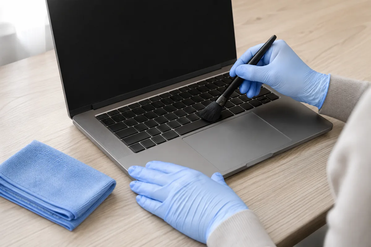 Mains gantées nettoyant le clavier d&rsquo;un ordinateur portable avec un pinceau souple sur un plan de travail clair