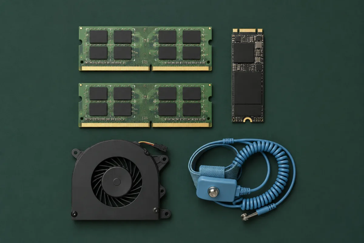 Composants informatiques alignés sur un tapis antistatique, barrettes de mémoire et disque SSD
