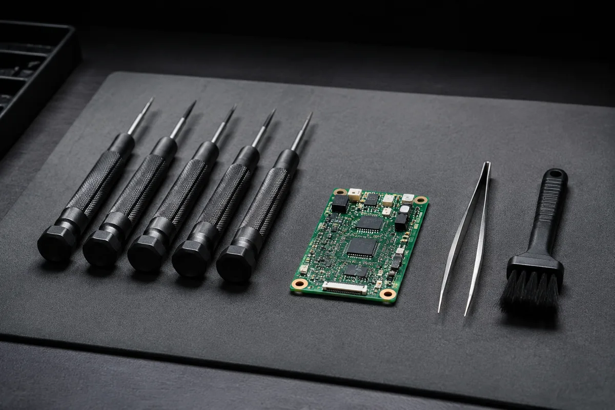Tournevis de précision alignés et carte électronique posée sur un tapis antistatique dans un atelier informatique