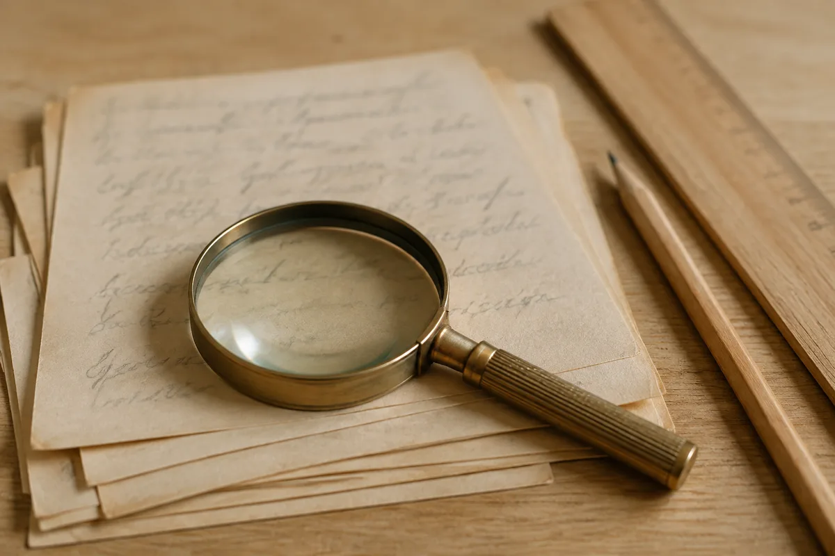 Plan de travail avec une loupe posée sur des fiches cartonnées annotées au crayon