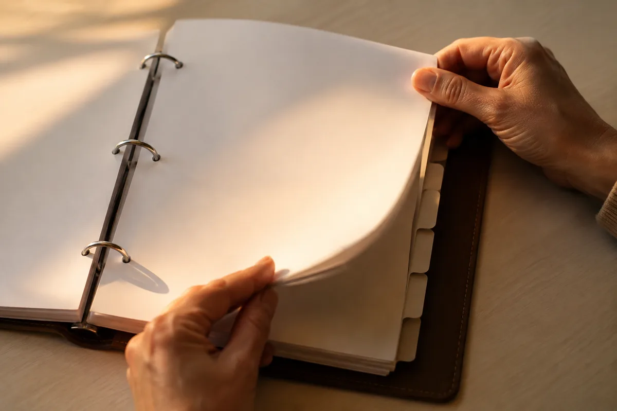 Mains qui feuillettent un classeur de fiches sur un bureau clair, lumière rasante de fin de journée