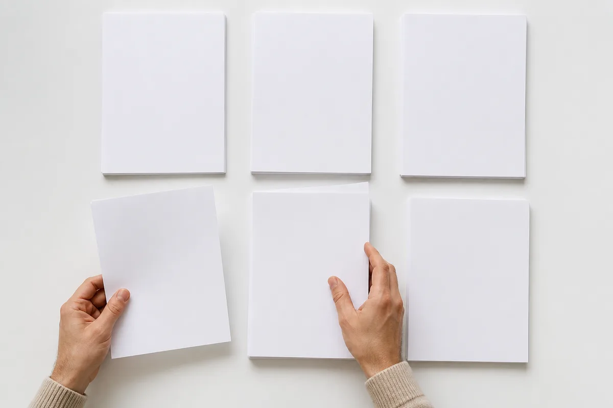Mains adultes classant des feuilles vierges en piles régulières sur une table blanche