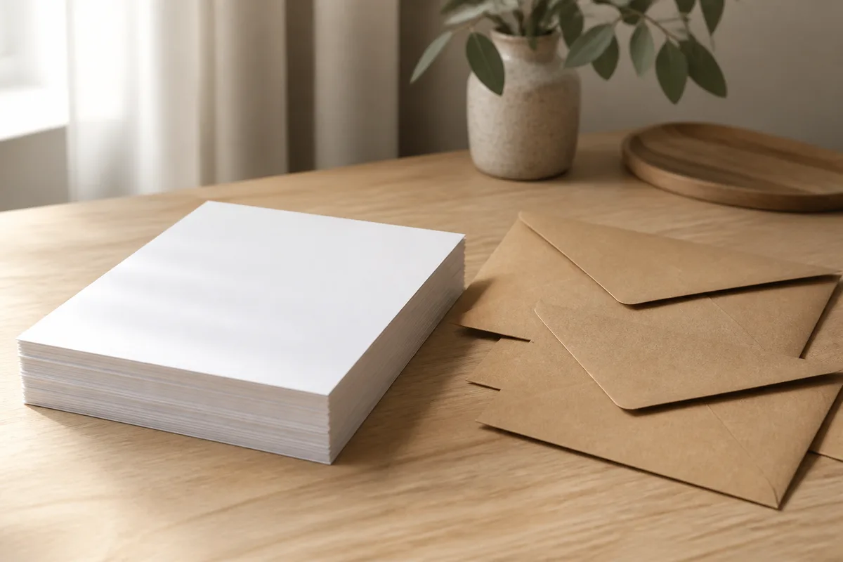 Feuilles vierges et enveloppes kraft neuves empilées sur une table en bois clair