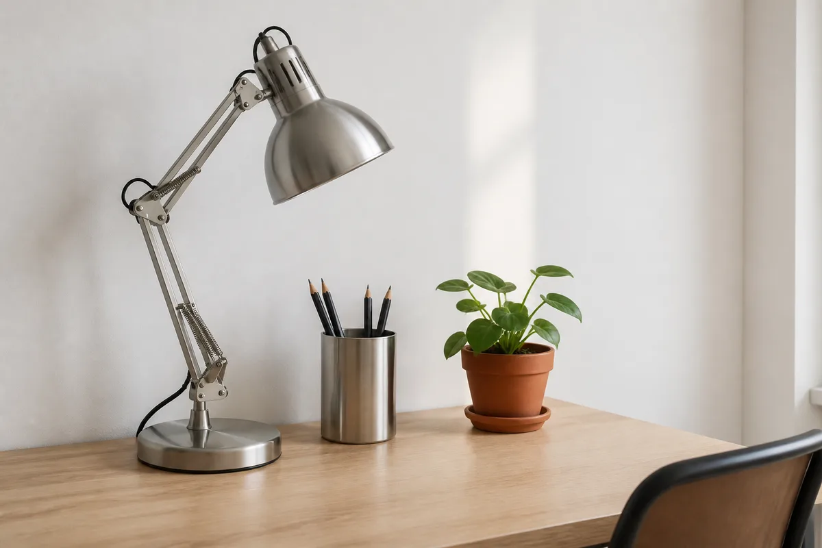 Coin bureau ordonné avec une lampe d’architecte, un pot à crayons en métal brossé et une plante verte