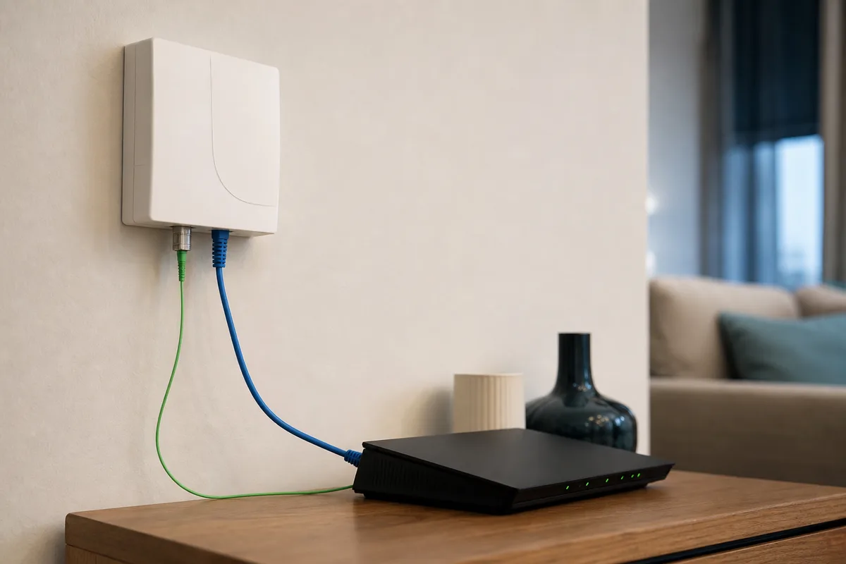 Boîtier fibre optique mural relié à une box internet par un câble réseau