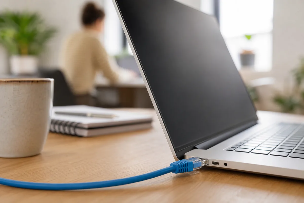 Poste de télétravail avec câble réseau branché sur un ordinateur portable