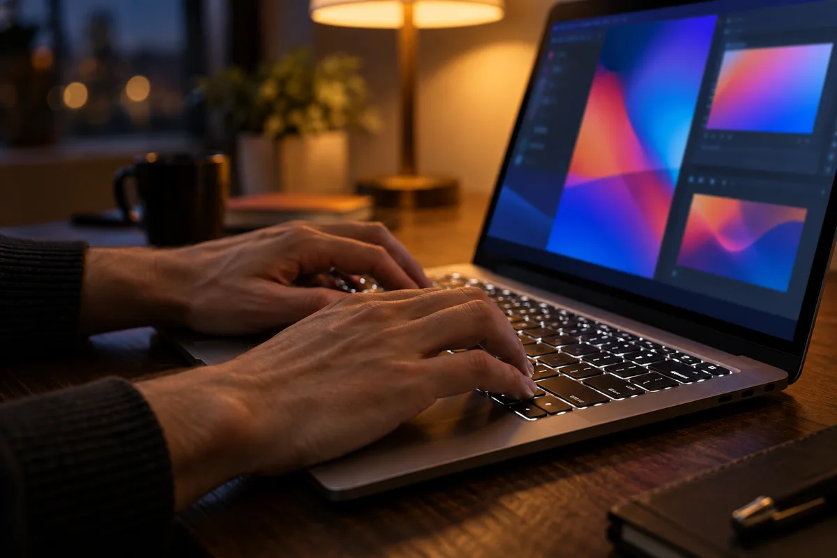 Mains posées sur un clavier d’ordinateur portable rétroéclairé dans un bureau à la lumière tamisée