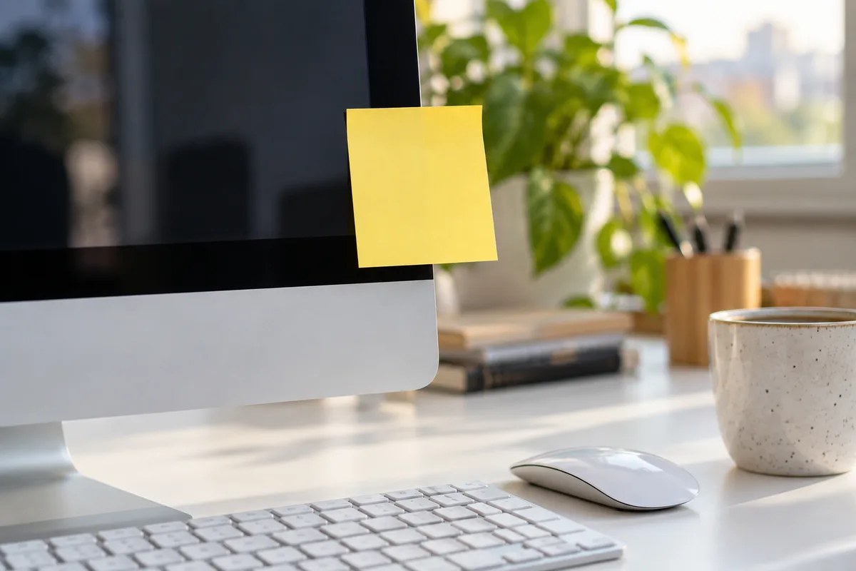 Pense-bête de papier jaune uni collé au bord d’un écran d’ordinateur sur un bureau rangé