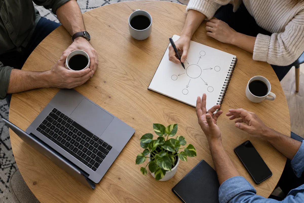 Réunion de travail autour d’une table avec ordinateur portable, carnet ouvert et tasses de café