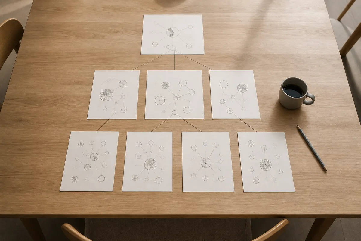 Schéma d&rsquo;arborescence dessiné au crayon sur une table de réunion
