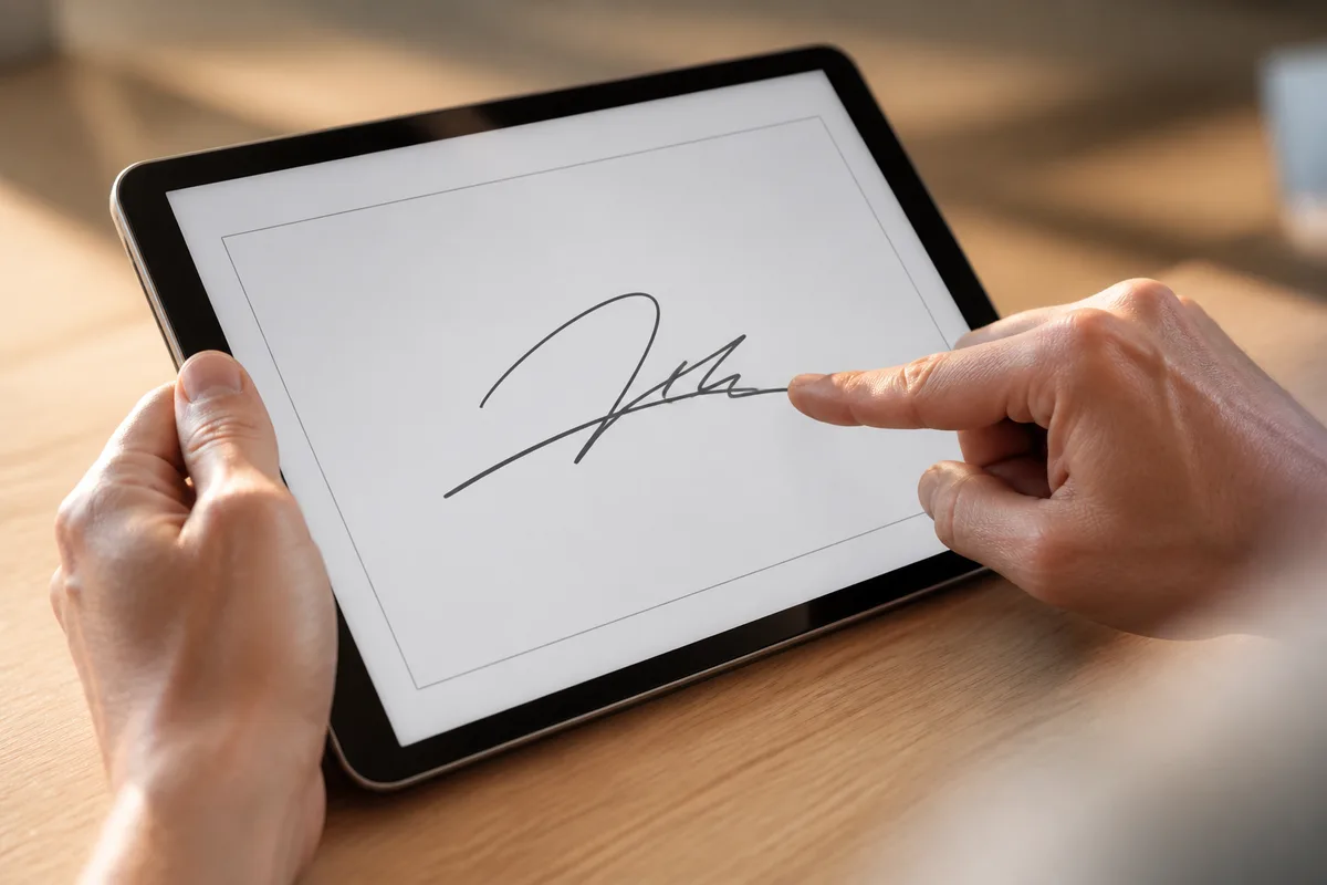 Gros plan sur des mains signant un document sur une tablette graphique posée sur un bureau en bois clair