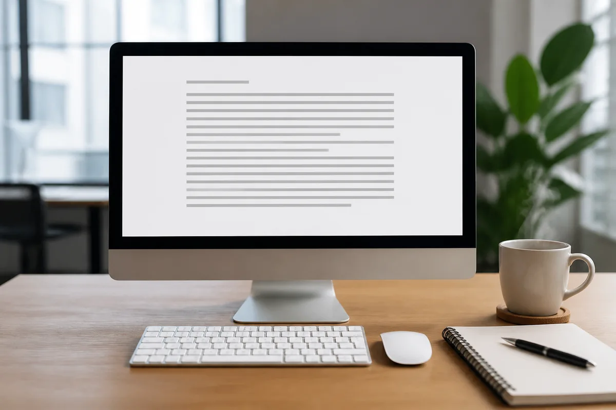 Écran d&rsquo;ordinateur affichant un document contractuel prêt à être validé, tasse de café et carnet à côté du clavier