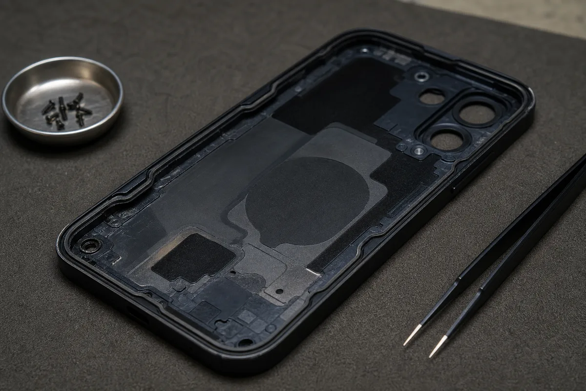 Coque arrière de téléphone démontée sur un tapis d&rsquo;atelier, joint souple visible sur le pourtour